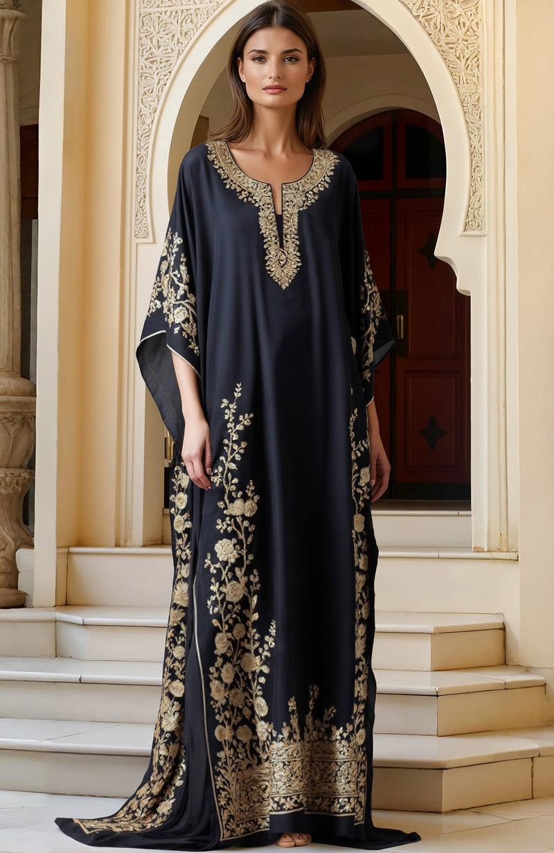 Gold Tilla Embroidered Blue Kaftan Dress - Luxurious Elegance Talking Threads Gold Tilla Embroidered Blue Kaftan Dress - Luxurious Elegance Talking Threads
