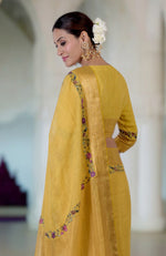 Calendula Yellow Parsi Gara Embroidered Linen Saree
