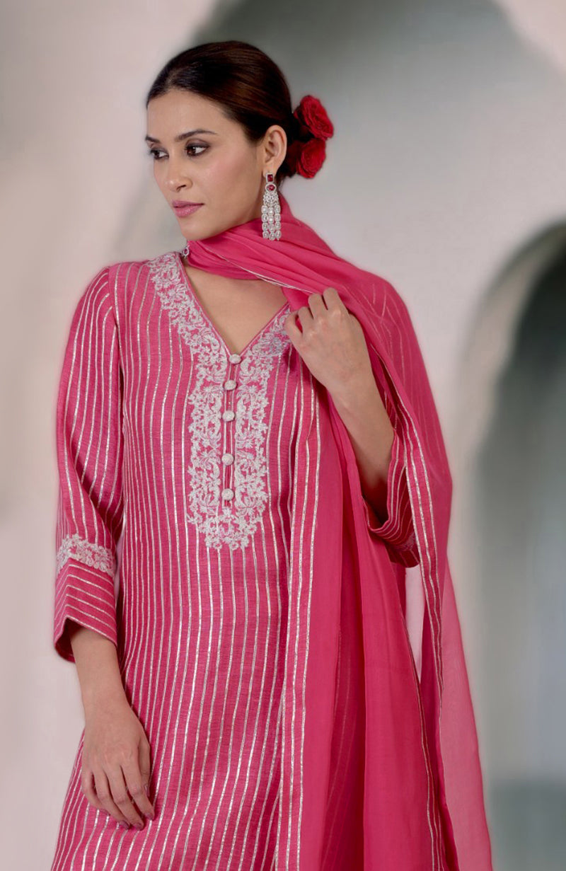 Pink Yarrow Gota & Tilla Embroidered Silk Linen Suit