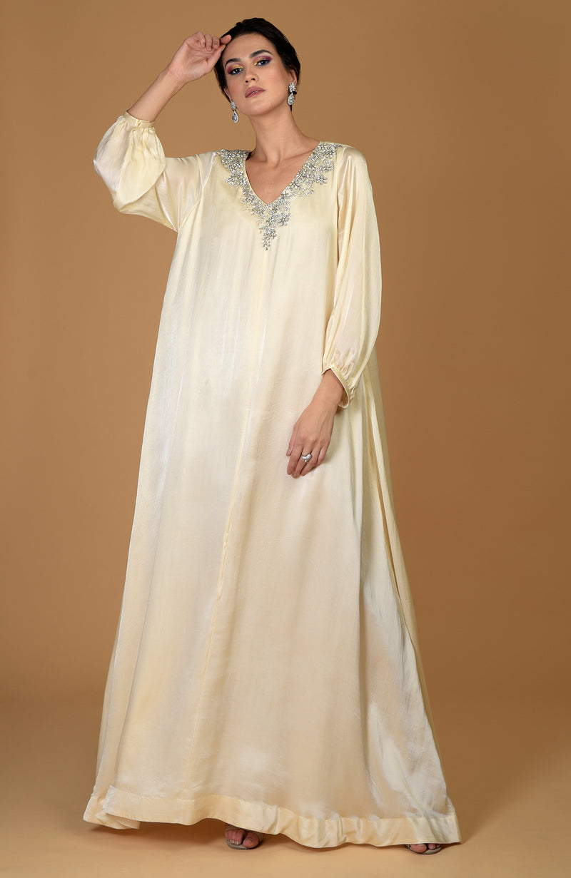 Talking Threads White Gold Satin Silk Hand Embroidered Crystal Dress Talking Threads White Gold Satin Silk Hand Embroidered Crystal Dress