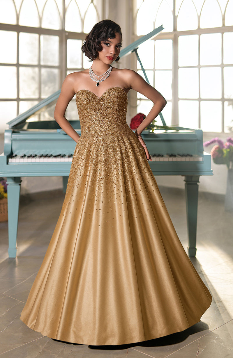 Talking Threads Naira Gold Crystal Embroidered Strapless Ball Gown Talking Threads Naira Gold Crystal Embroidered Strapless Ball Gown