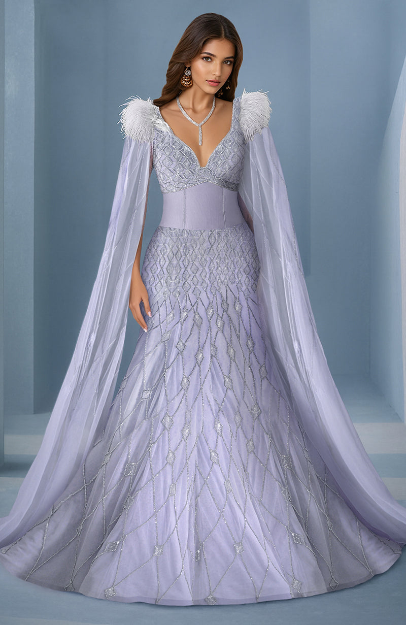 NAIRA Lilac Crystal Hand Embroidered Princess Gown with Cape