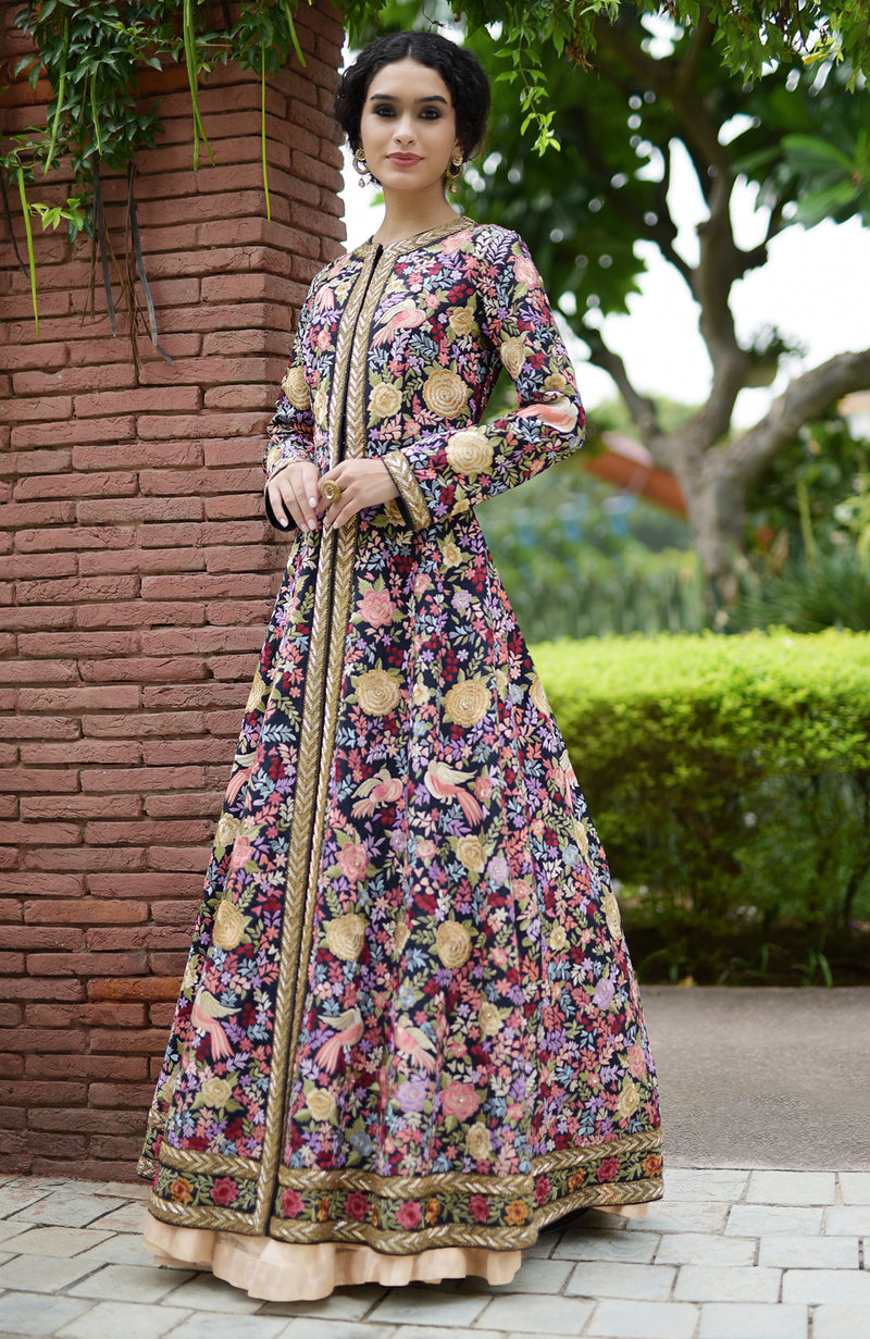Navy Blue Parsi Gara and Zardozi Hand Embroidered Anarkali Jacket
