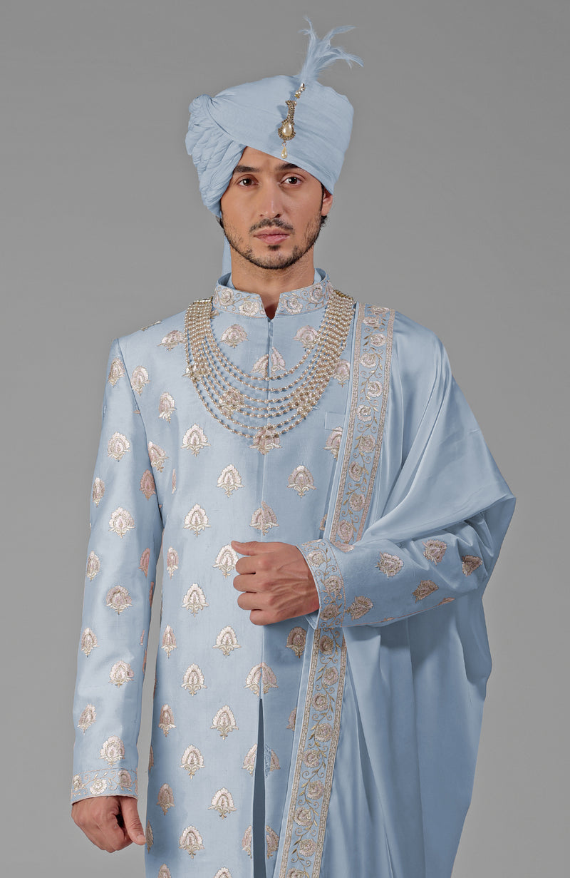Yours Dusty Blue Embroidered Sherwani Set – Talking Threads