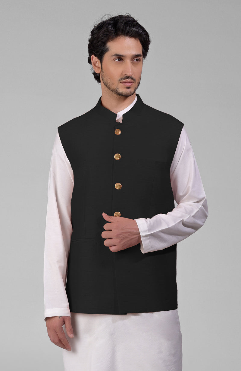 Timeless Black Pure Raw Silk Waistcoat Bandi Jacket