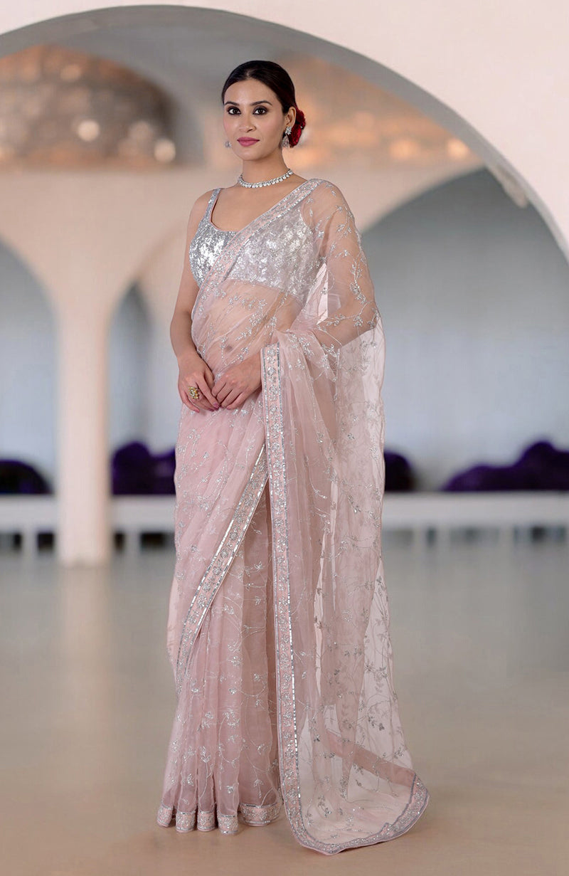 Oyster Pink Zardozi Hand Embroidered Saree Elegant Style