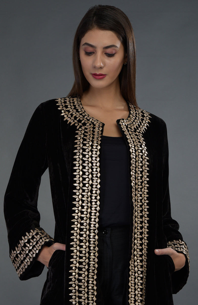 Black Gota Patti Hand Embroidered Silk Velvet Jacket – Talking Threads