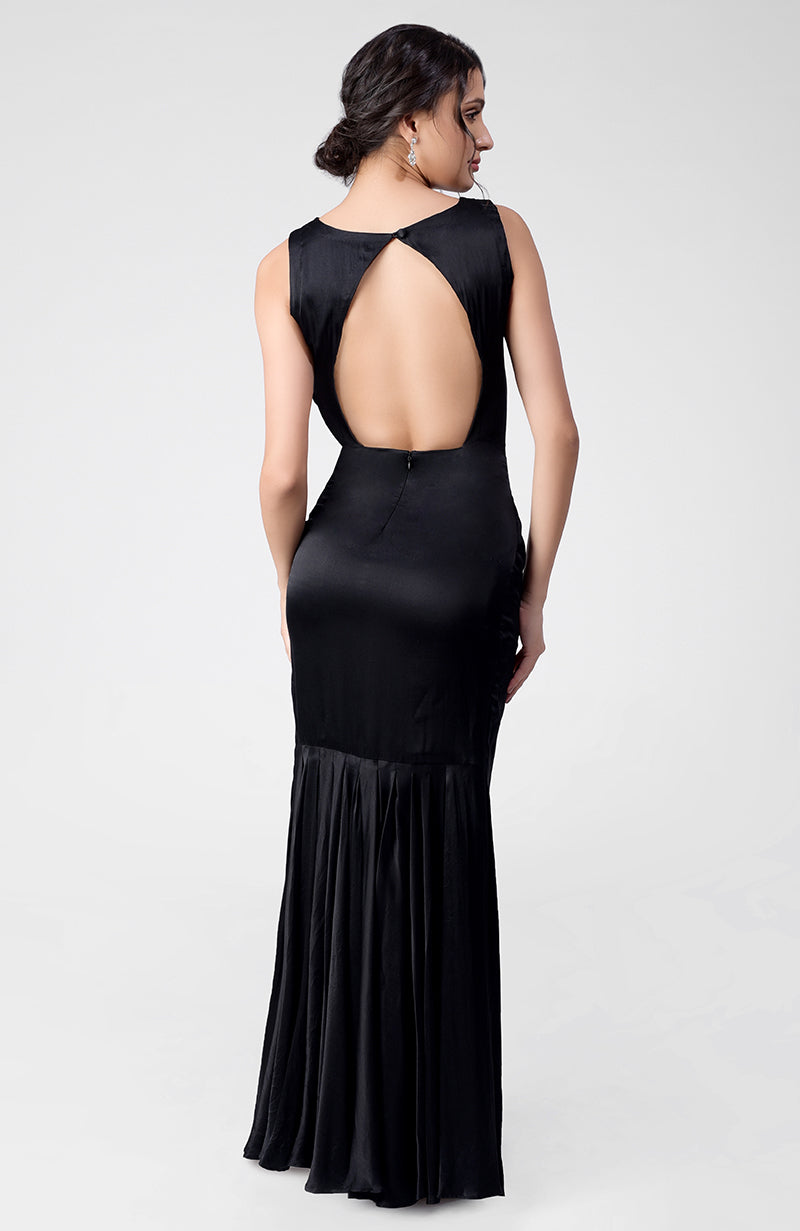 Classic Black Silk Satin Crepe Gown - Open Back Evening Dress  Talking  Threads
