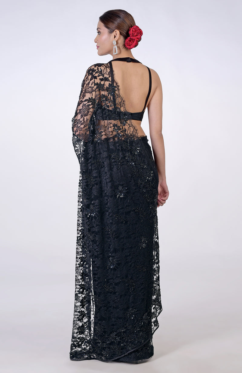 Black French Chantilly Lace Hand Embroidered Saree