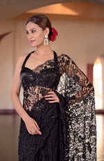 Black French Chantilly Lace Hand Embroidered Saree