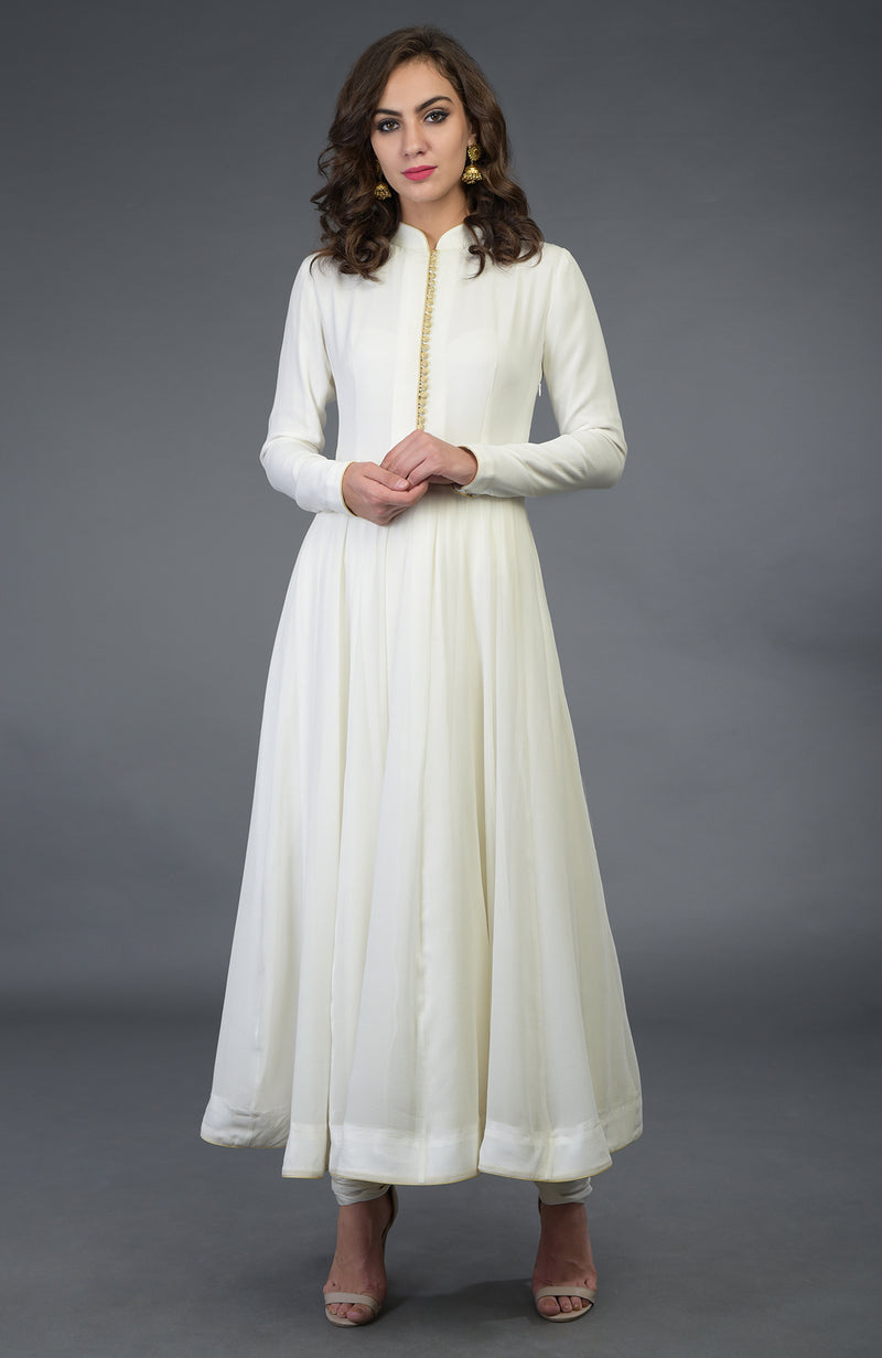 Ivory-Gold Anarkali Suit Customizable Pure Silk – Talking Threads