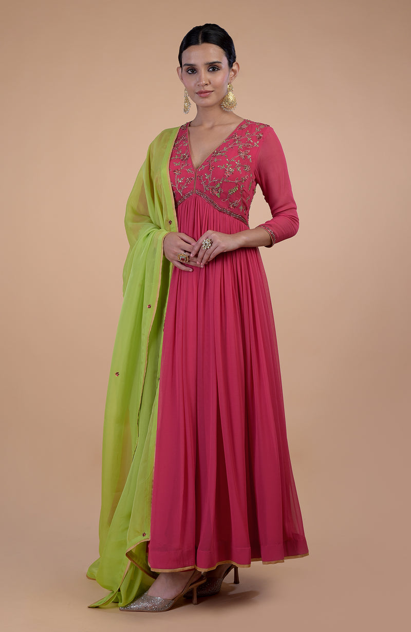 Pink-Green Zardozi Embroidered Anarkali Set | Talking Threads Pink-Green Zardozi Embroidered Anarkali Set | Talking Threads