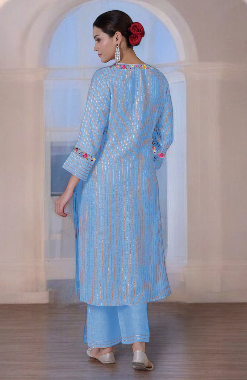 Talking Threads Cerulean Blue Parsi Gara Silk Linen Kurta Set