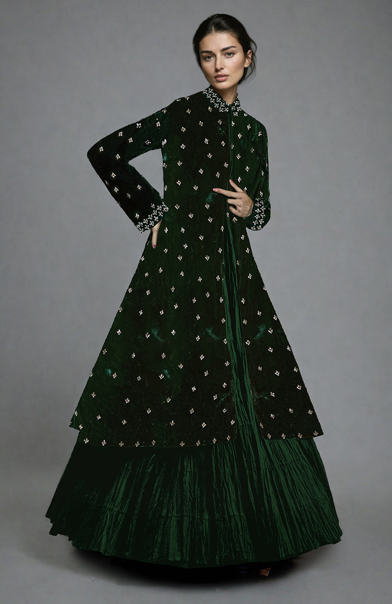 Noor Emerald Green Swarovksi Crystal Embroidered Silk-Velvet