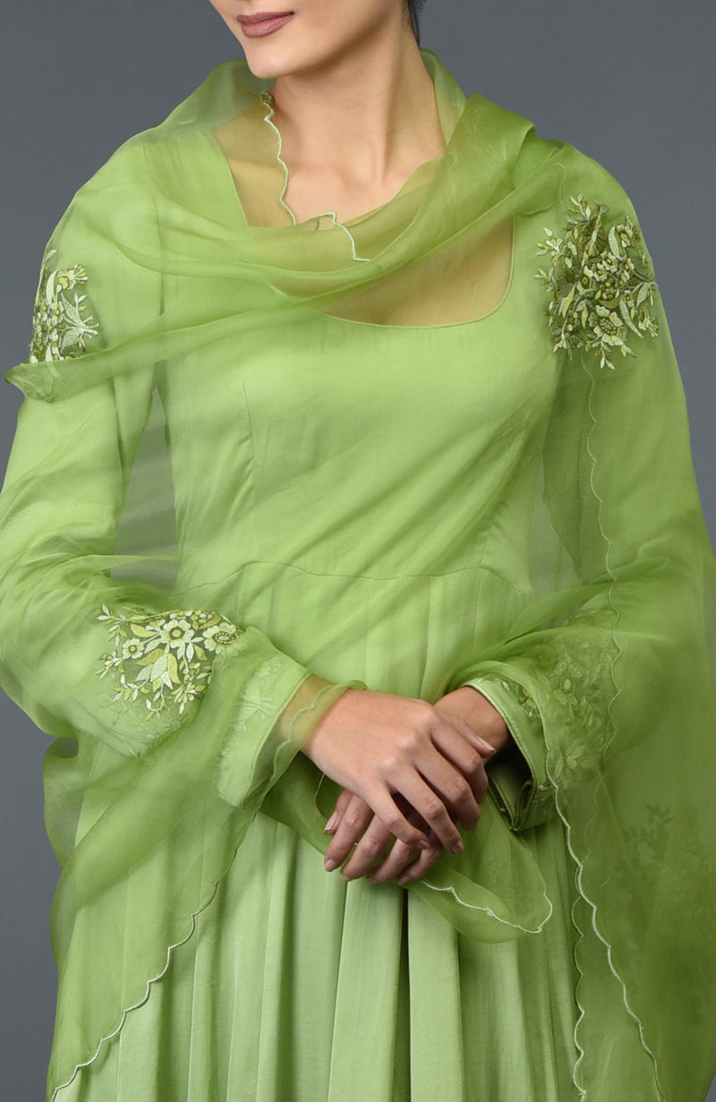 Talking Threads Pista Green Floral Embroidered Modal Satin Anarkali Su Talking Threads Pista Green Floral Embroidered Modal Satin Anarkali Su