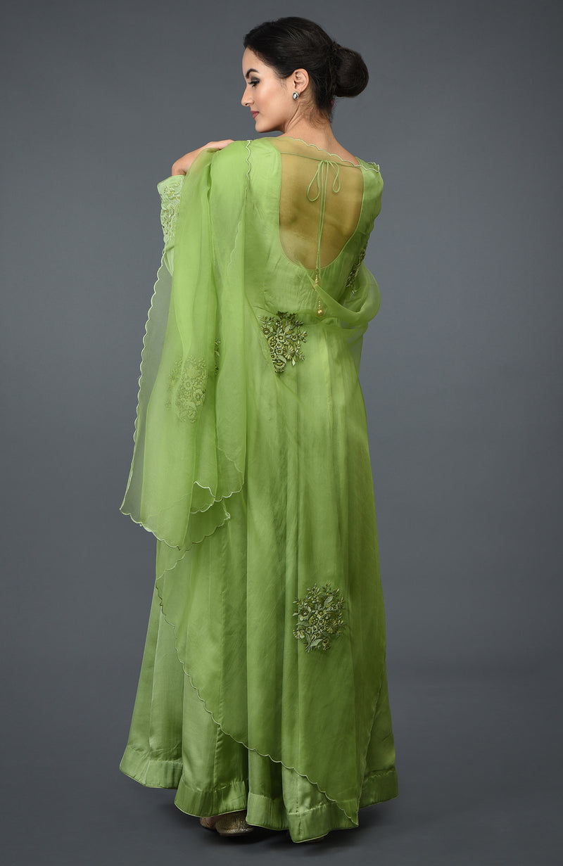 Talking Threads Pista Green Floral Embroidered Modal Satin Anarkali Su Talking Threads Pista Green Floral Embroidered Modal Satin Anarkali Su