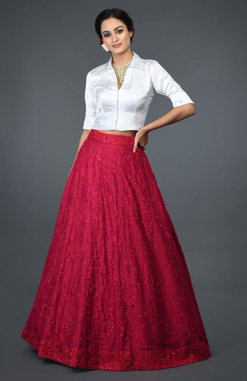 Red Floral Sequin Beads Hand Embroidered Skirt With Blouse