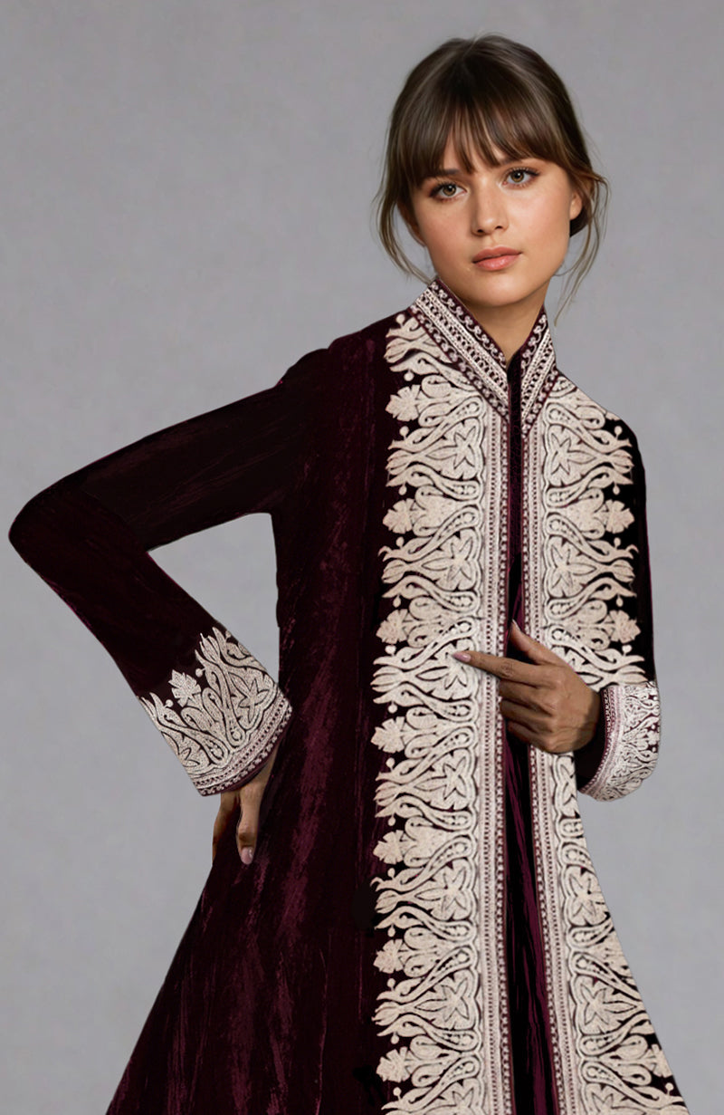 Noor Maroon Kashmiri Silver Tilla Aari Embroidered Silk Velvet