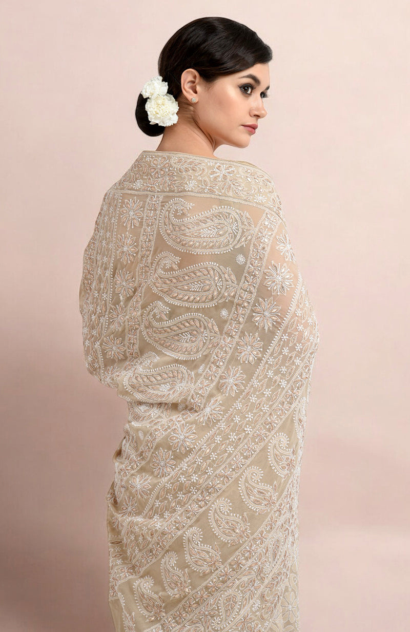 Champagne Lucknowi Chikankari and Gota Patti Hand Embroidered Saree