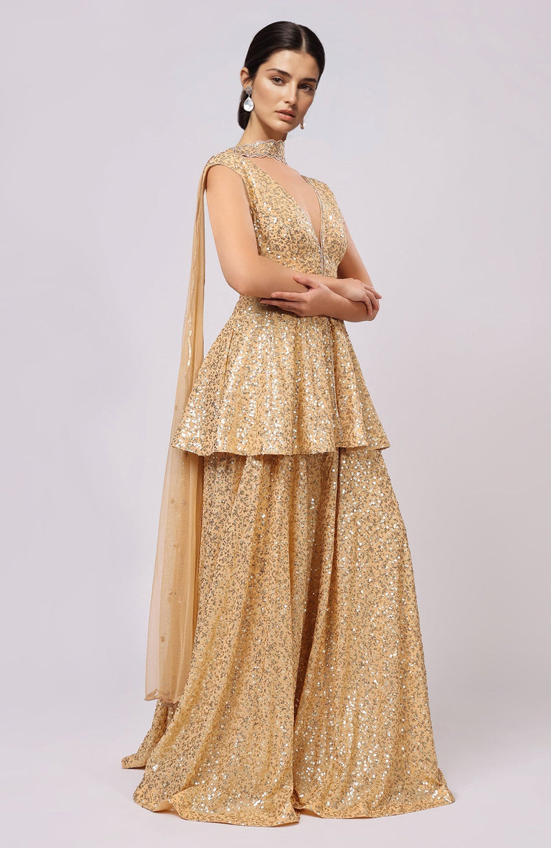 Talking Threads Gold Sequin Peplum Sharara Set with Embellished Dupatta