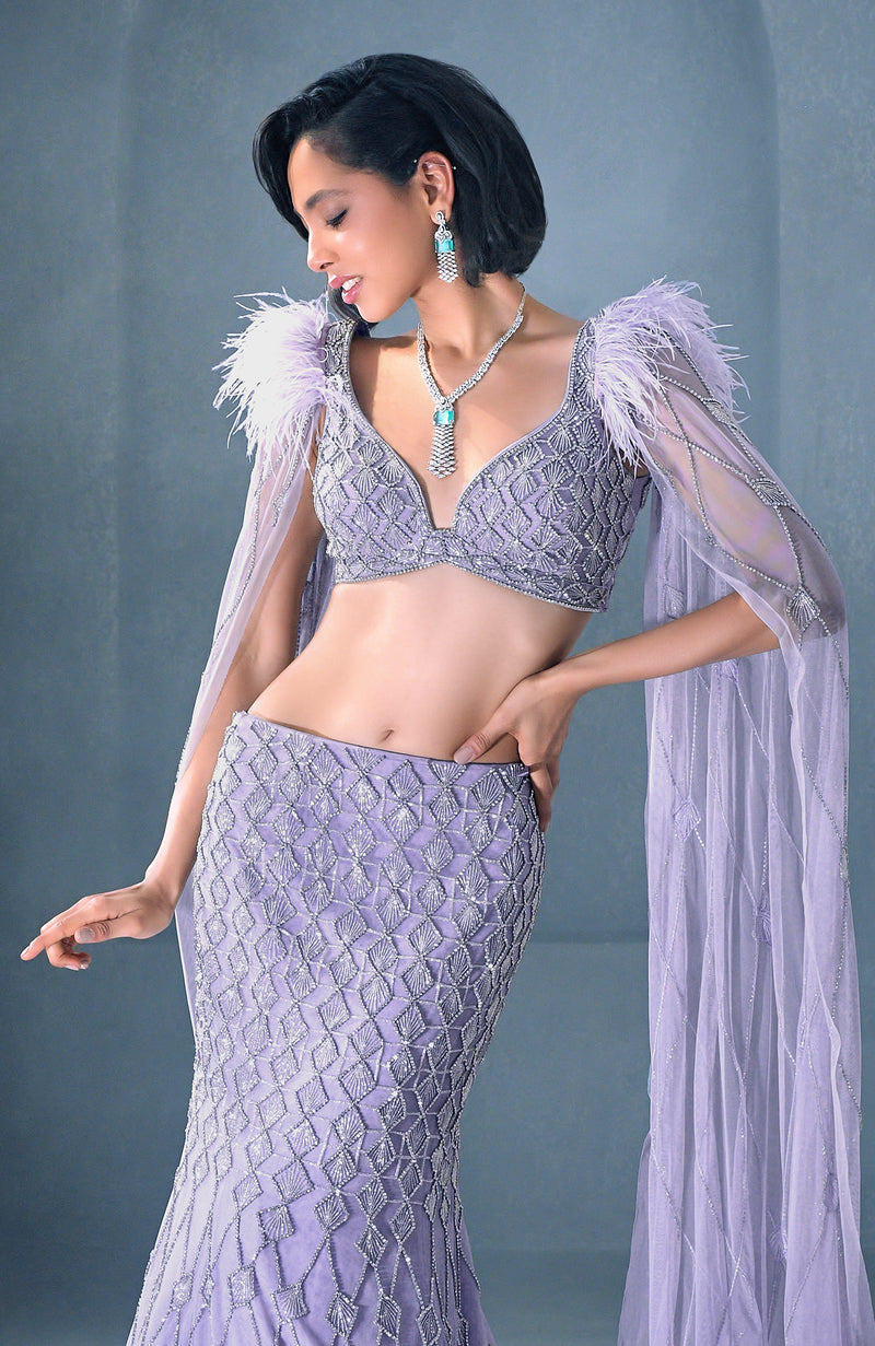 NAIRA Lilac Crystal Hand Embroidered Mermaid Lehenga Set with Feather Detail
