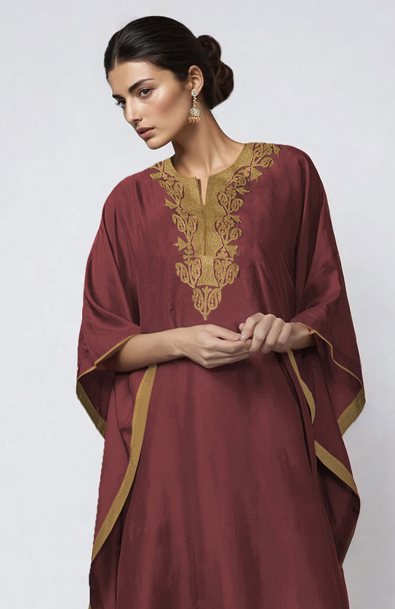 Talking Threads Kashmiri Tilla Embroidered Kaftan Dress in Chutney Talking Threads Kashmiri Tilla Embroidered Kaftan Dress in Chutney