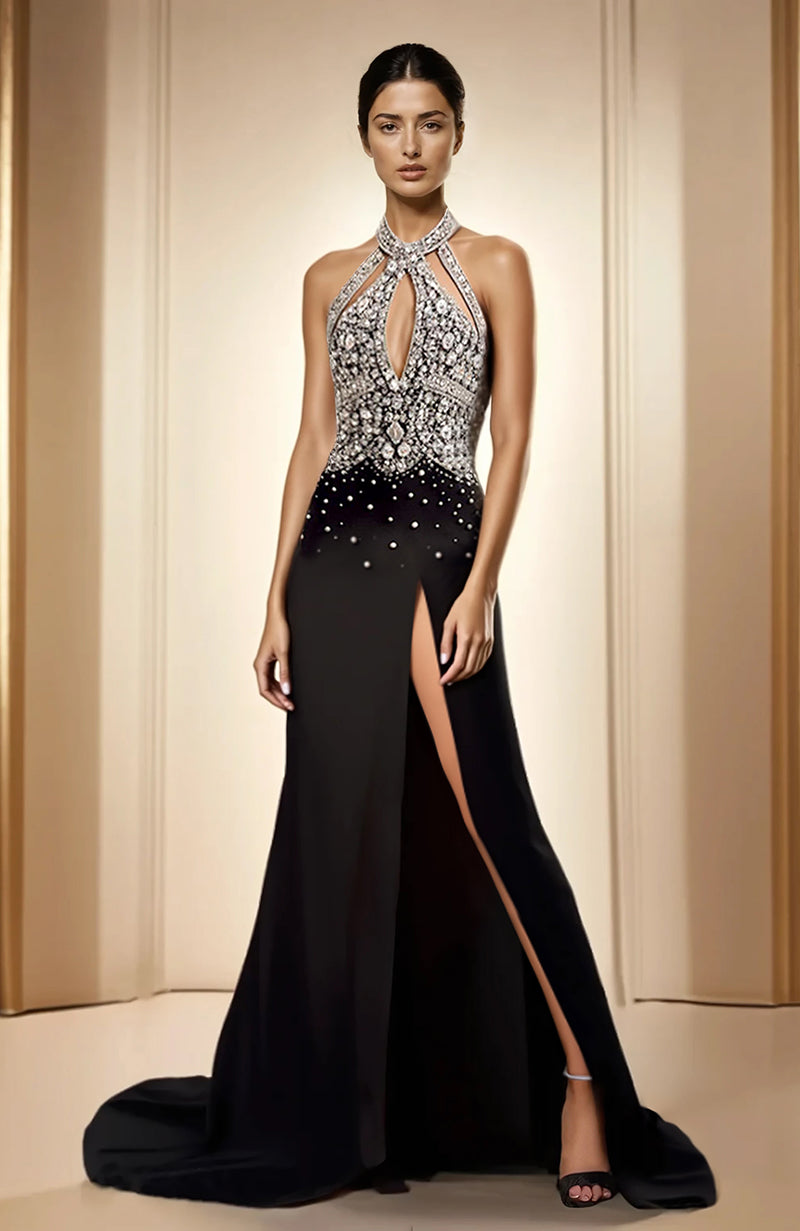 Elegant Black Halter Gown with Embellished Bodice and Thigh-High Slit