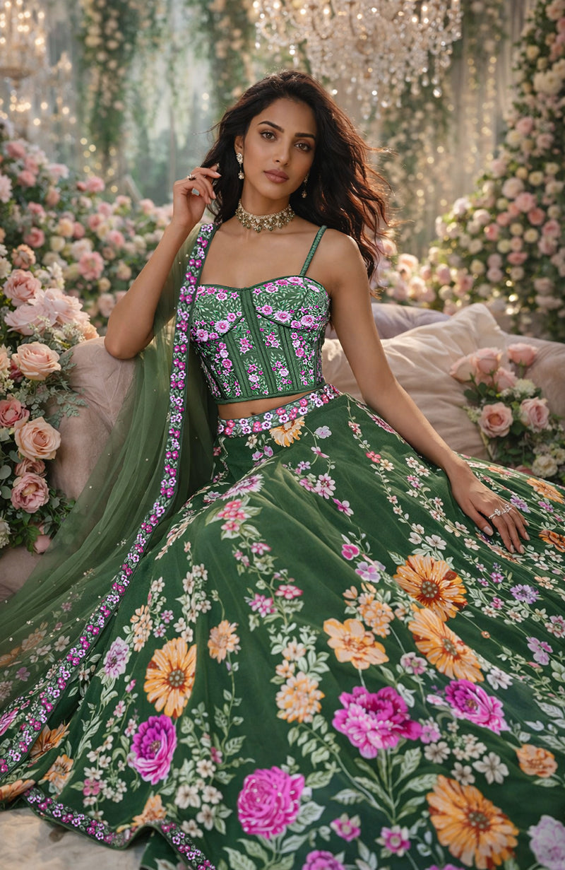 Talking Threads Forest Green Floral Corset Lehenga Set with Dupatta Talking Threads Forest Green Floral Corset Lehenga Set with Dupatta