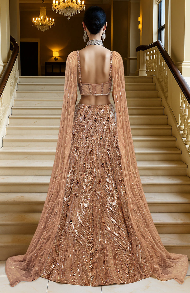 LAILA Rose Gold Hand Embroidered Lehenga Set With Cape – Talking Threads