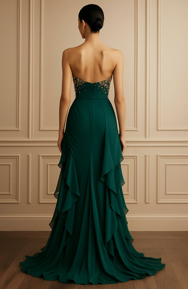 Talking Threads Emerald Green Gold Embroidered Strapless Corset Gown Talking Threads Emerald Green Gold Embroidered Strapless Corset Gown