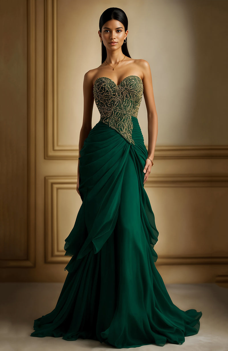 Talking Threads Emerald Green Gold Embroidered Strapless Corset Gown Talking Threads Emerald Green Gold Embroidered Strapless Corset Gown