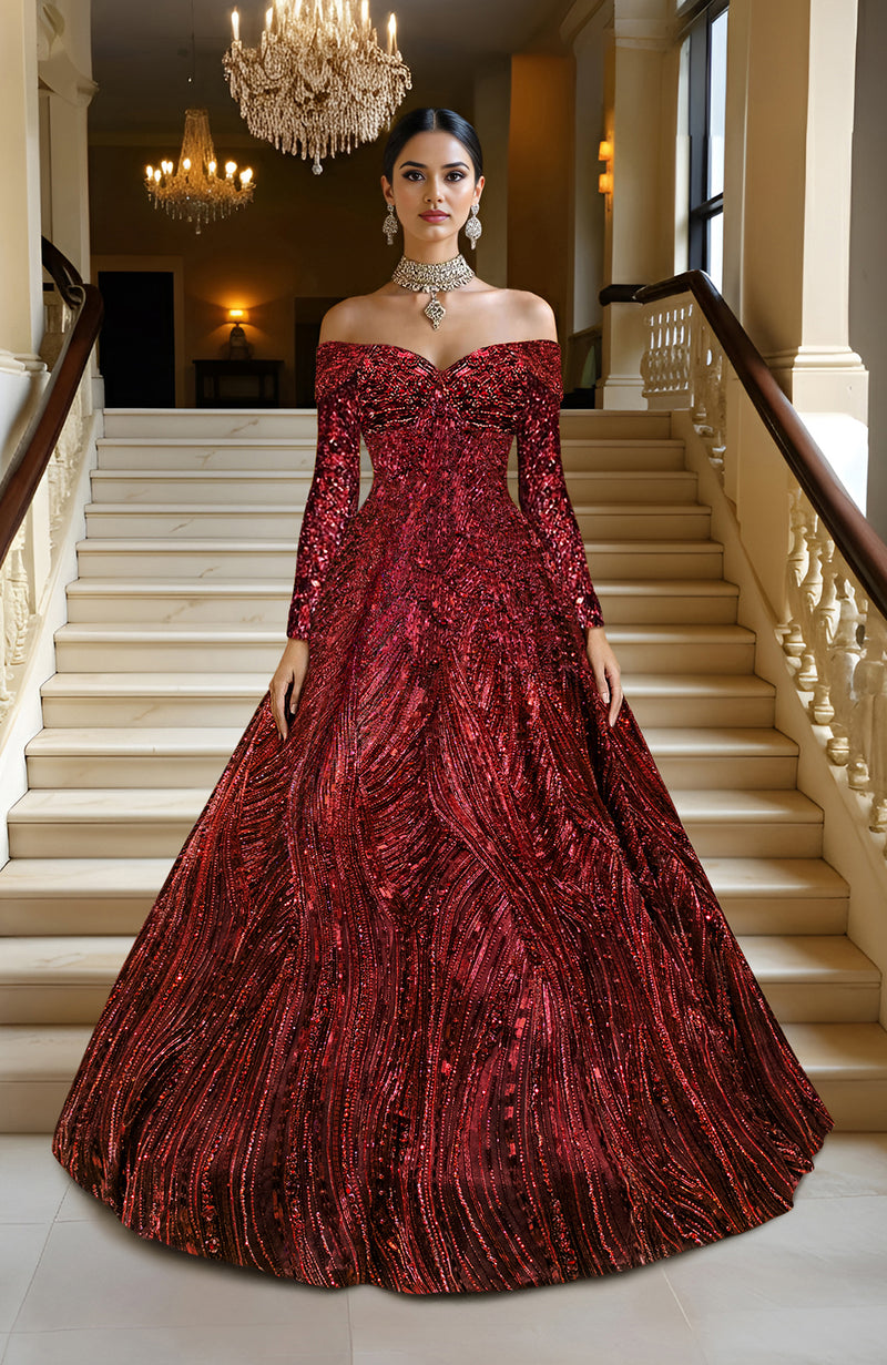 Wine Hand Embroidered Princess Gown