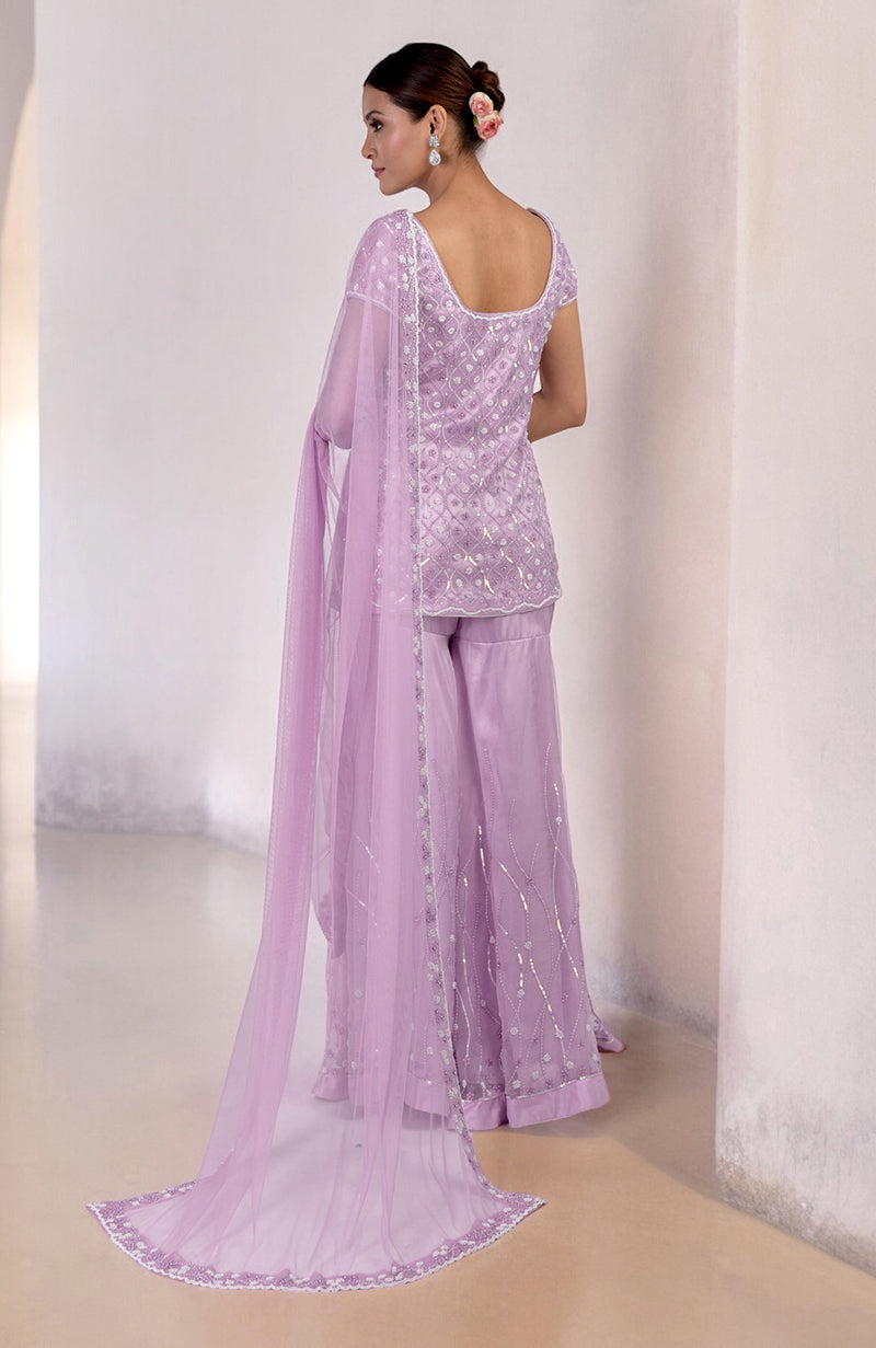 Lilac Silk Organza Hand Beaded Sharara Set | Festive Wear  Talking Threads