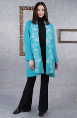 Turquoise Floral Embroidered Pure Wool Crepe Jacket
