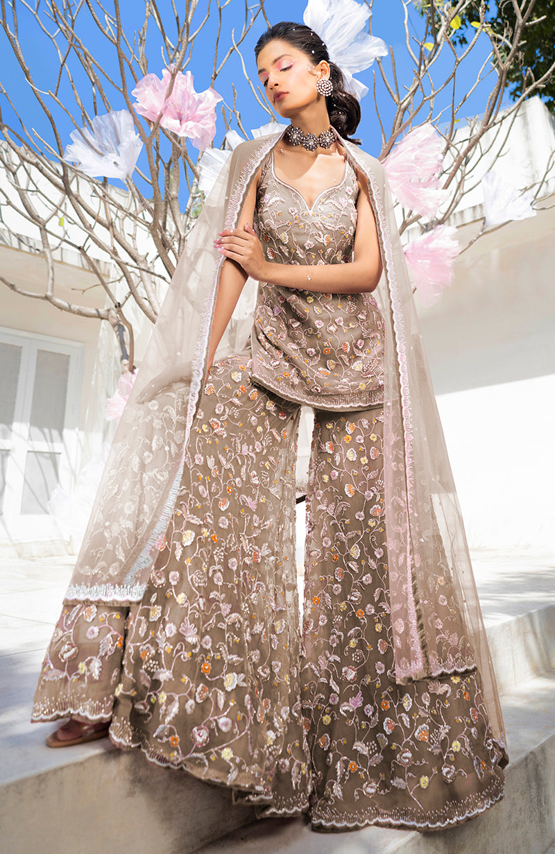 Irish Cream Floral Hand Embroidered Sharara Set