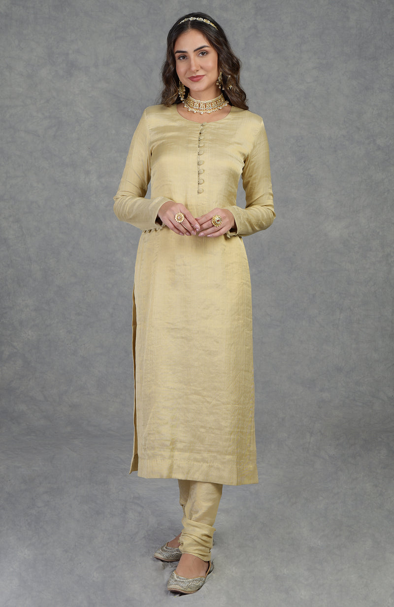 Gold Tissue Suit - Luxurious Handwoven Elegance Talking Threads Gold Tissue Suit - Luxurious Handwoven Elegance Talking Threads