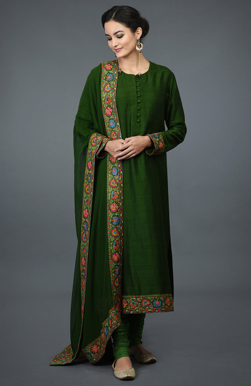 Moss Green Kashmiri Kashidakari Hand Embroidered Suit – Talking