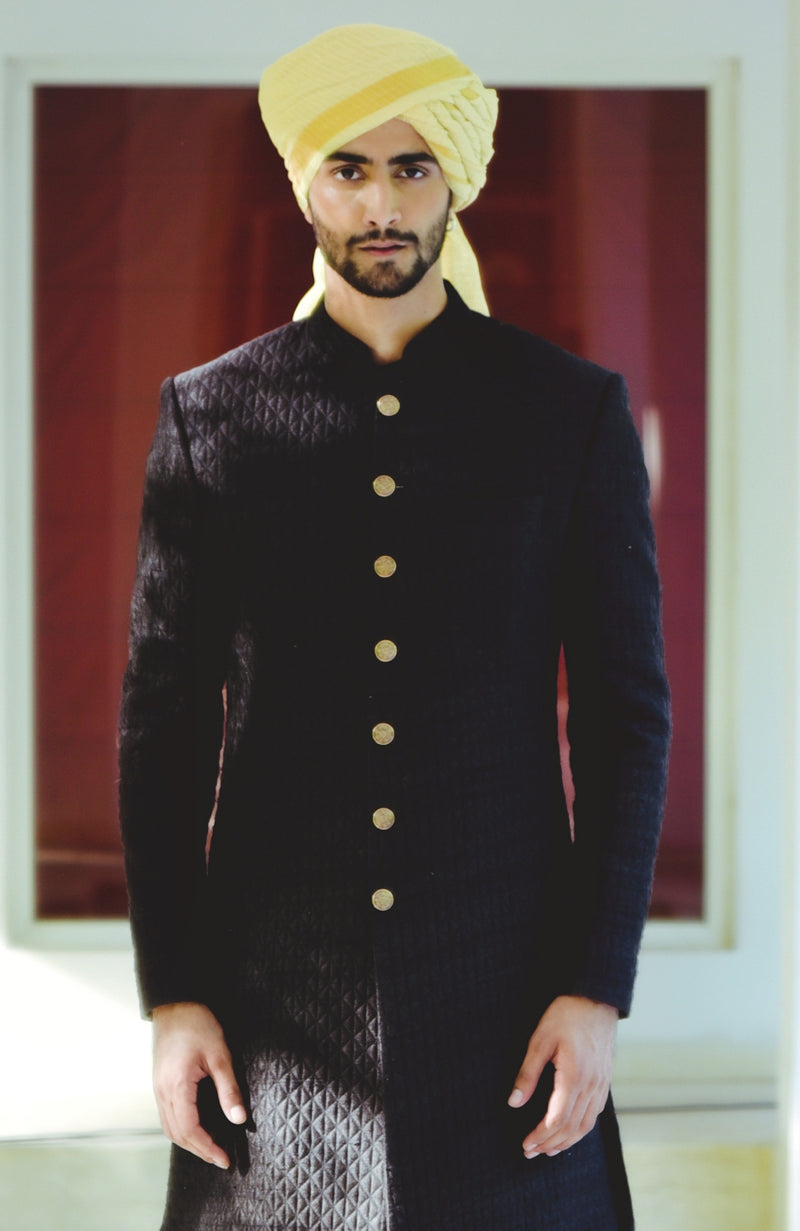 Black Micro-Quilted Silk Sherwani Set