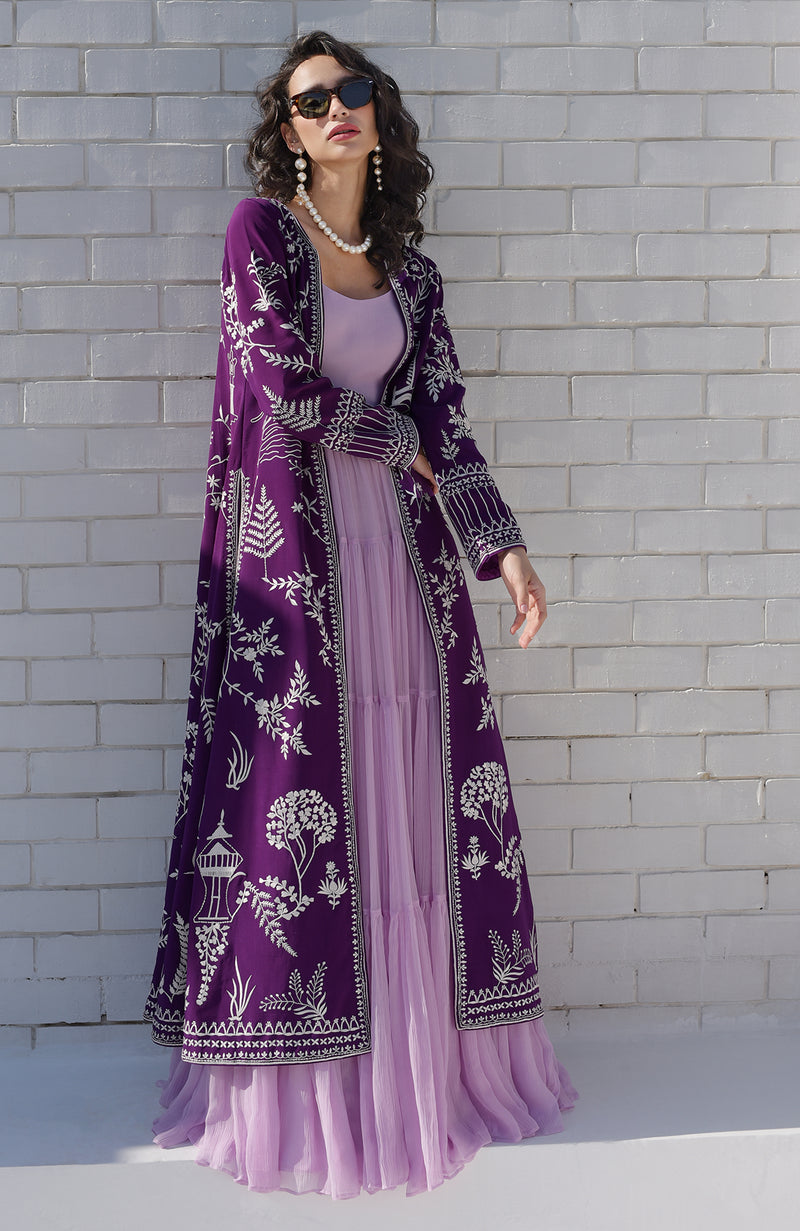 Purple Parsi Gara Embroidered Jacket with Ivory Motifs Talking Threads Purple Parsi Gara Embroidered Jacket with Ivory Motifs Talking Threads
