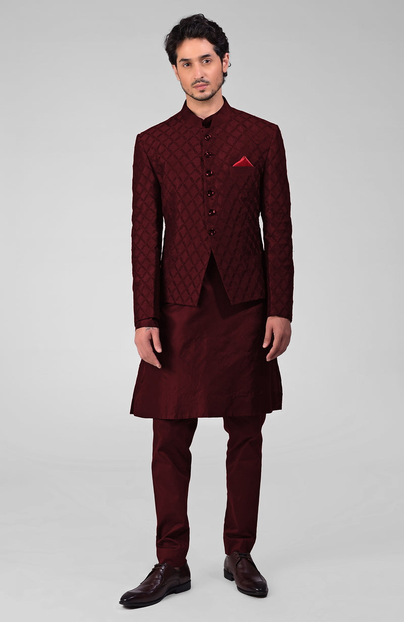 Maroon Chikankari Embroidered Bandhgala Jacket Set – Talking Threads