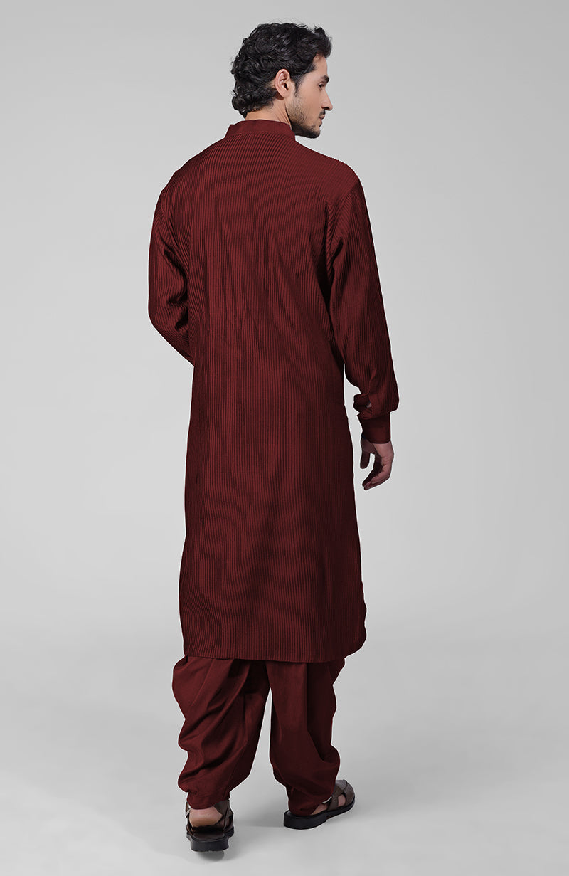 Maroon Pintuck Pathani Kurta Salwar Set Tilla Embroidered Dupatta