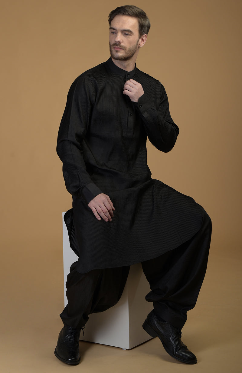 Classic Black Silk Pathani Kurta Set – Talking Threads