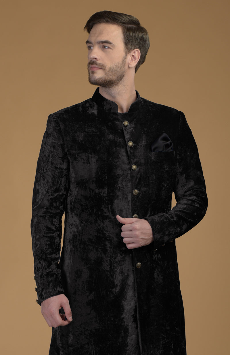 Black Silk Velvet Sherwani for Men Talking Threads