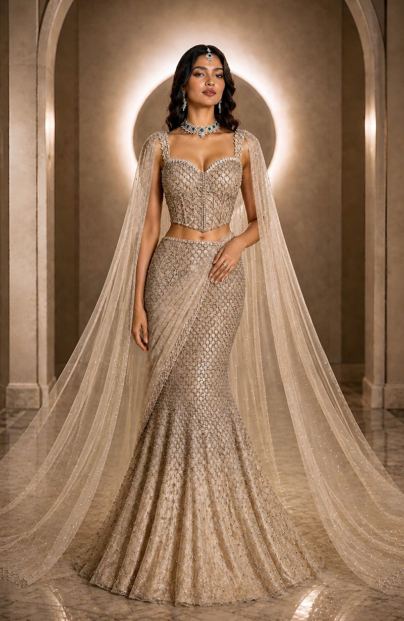 Champagne Gold Crystal & Pearl Mermaid Saree Lehenga with Tulle Cape S – Talking Threads