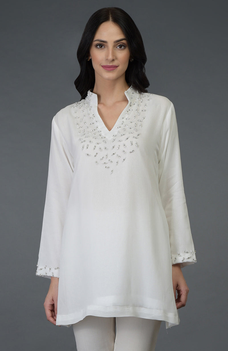 Off White Crystal Beads Embroidered Tunic – Talking Threads
