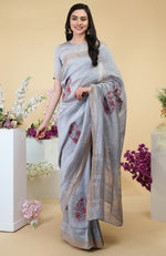 Dove Grey Paisley Embroidered Linen Saree