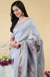 Dove Grey Paisley Embroidered Linen Saree