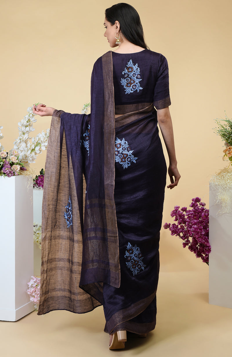 Eclipse Blue Floral Embroidered Linen Saree
