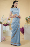 Dusty Blue Hand Embroidered Linen Saree
