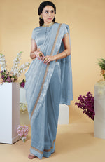 Dusty Blue Hand Embroidered Linen Saree